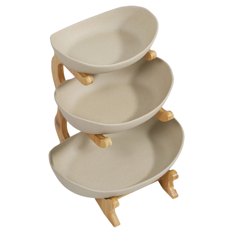 3-Tier Fruit Rack Ceramic Serving Bowls with Bamboo Wood