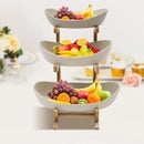 3-Tier Fruit Rack Ceramic Serving Bowls with Bamboo Wood