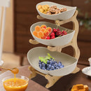 3-Tier Fruit Rack Ceramic Serving Bowls with Bamboo Wood