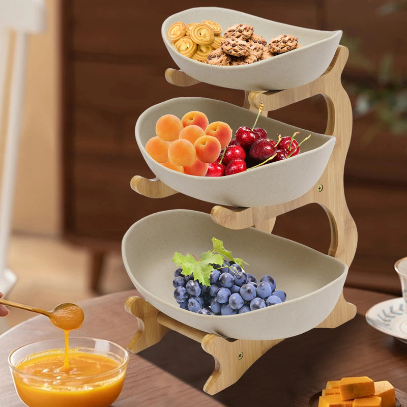 3-Tier Fruit Rack Ceramic Serving Bowls with Bamboo Wood